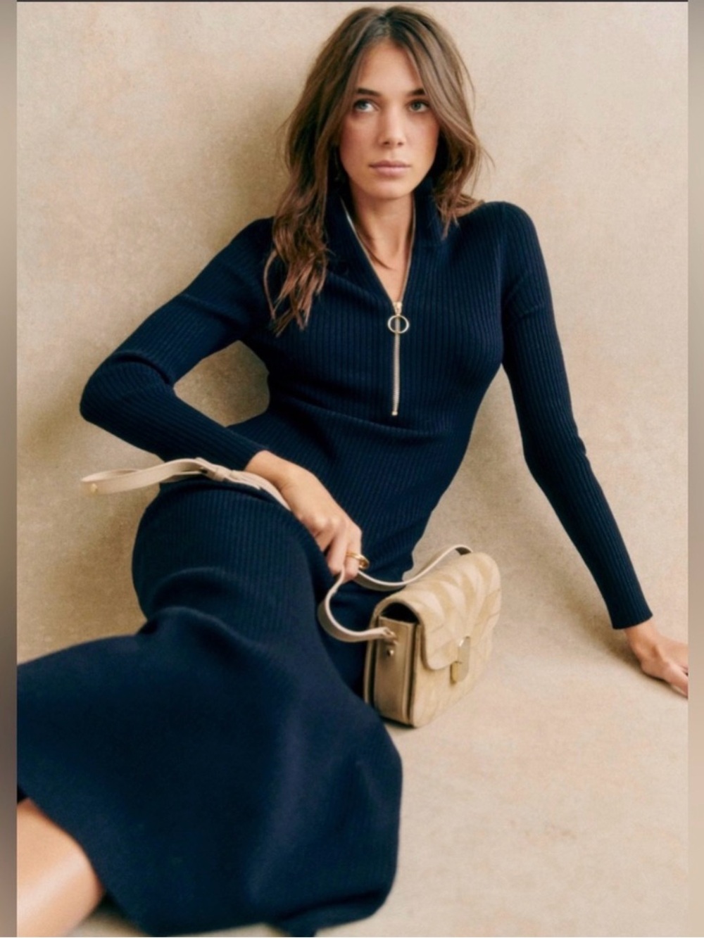 Sezane Alina Midi XS Navy Blue Merino Wool Ribbed Sweater Dress Zip Neckline